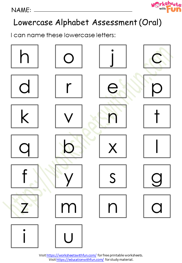 English Preschool Alphabet Assessment Lowercase